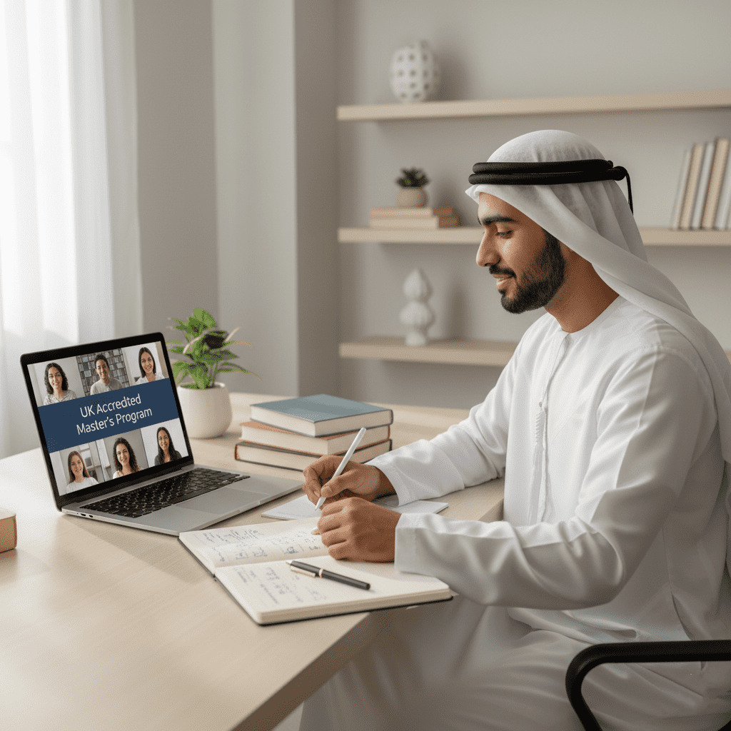  Emirati student studying online for a UK-accredited master’s degree. 